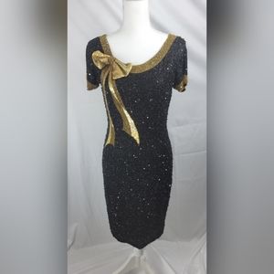 Black Beaded Silk Cocktail Dress | 1980s Vintage | Riazee Boutique Designer | Sm